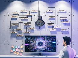 Großer Monitor mit Code, Paraphrasen und neuronaler Netz-Visualisierung in sanft beleuchtetem Büro; Notizen: Compliance, Qualität, SEO.