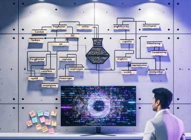 Großer Monitor mit Code, Paraphrasen und neuronaler Netz-Visualisierung in sanft beleuchtetem Büro; Notizen: Compliance, Qualität, SEO.