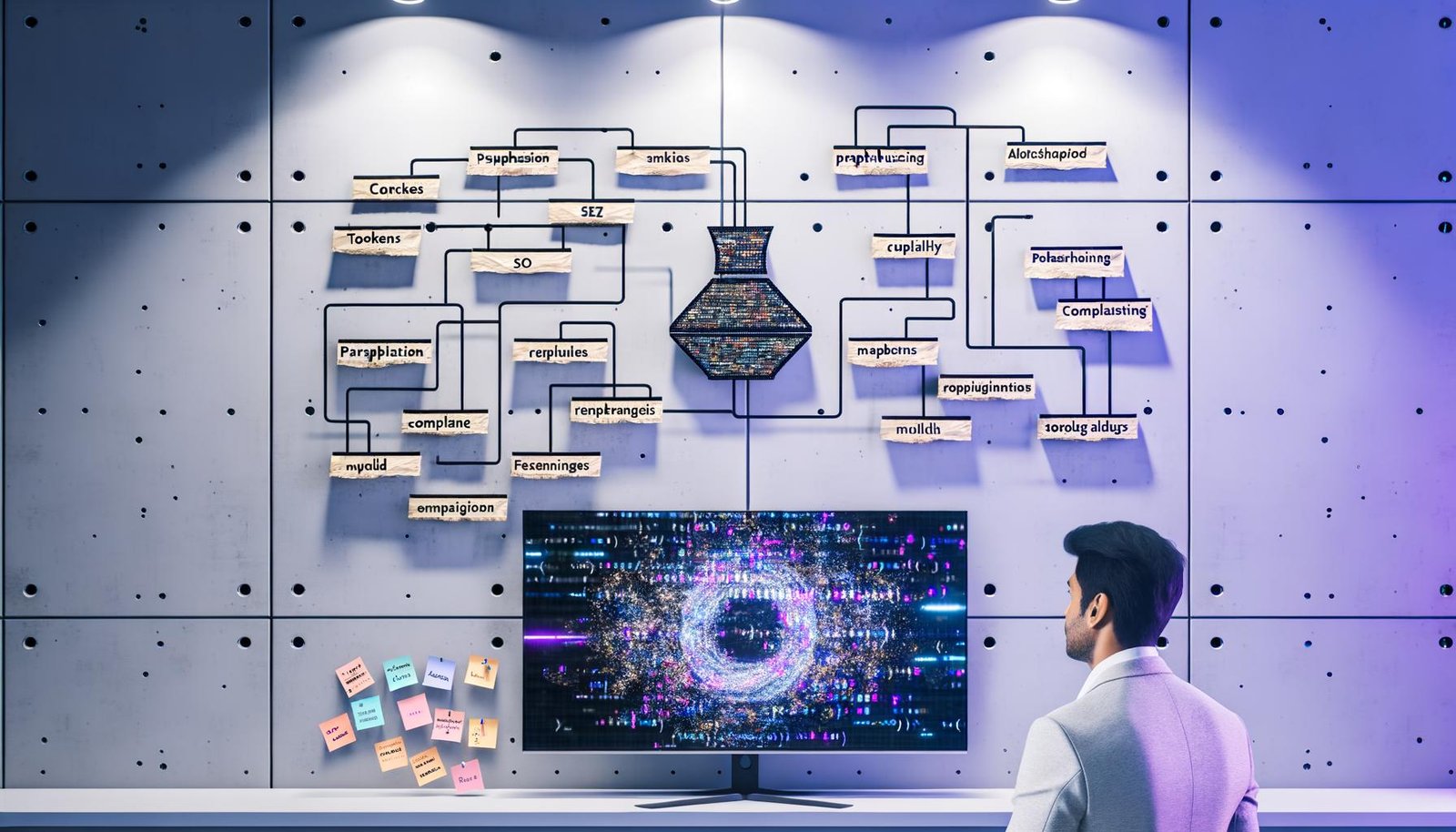 Großer Monitor mit Code, Paraphrasen und neuronaler Netz-Visualisierung in sanft beleuchtetem Büro; Notizen: Compliance, Qualität, SEO.