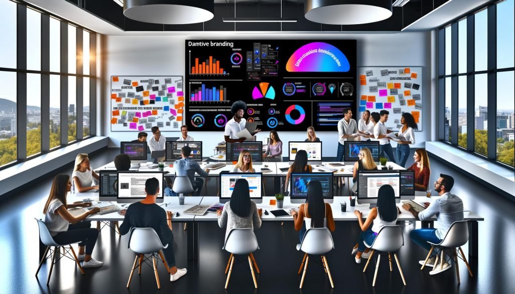 Dynamisches Marketingteam im modernen Büro; Monitore mit fotorealistischen KI-Assets, deutschen Promptvorlagen, KPI-Dashboards (CTR, CPA), Compliance-Checklisten und einer automatisierten API-Pipeline.