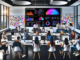 Dynamisches Marketingteam im modernen Büro; Monitore mit fotorealistischen KI-Assets, deutschen Promptvorlagen, KPI-Dashboards (CTR, CPA), Compliance-Checklisten und einer automatisierten API-Pipeline.