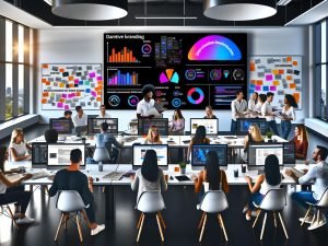 Dynamisches Marketingteam im modernen Büro; Monitore mit fotorealistischen KI-Assets, deutschen Promptvorlagen, KPI-Dashboards (CTR, CPA), Compliance-Checklisten und einer automatisierten API-Pipeline.