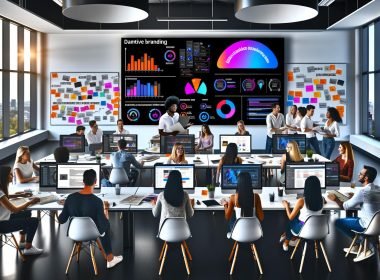 Dynamisches Marketingteam im modernen Büro; Monitore mit fotorealistischen KI-Assets, deutschen Promptvorlagen, KPI-Dashboards (CTR, CPA), Compliance-Checklisten und einer automatisierten API-Pipeline.