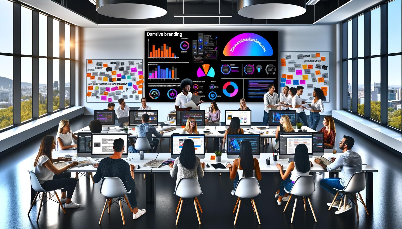 Dynamisches Marketingteam im modernen Büro; Monitore mit fotorealistischen KI-Assets, deutschen Promptvorlagen, KPI-Dashboards (CTR, CPA), Compliance-Checklisten und einer automatisierten API-Pipeline.