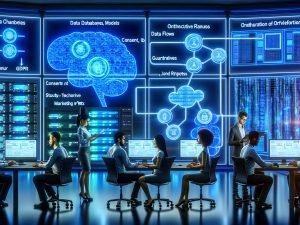 Modernes, blau beleuchtetes Büro mit Fachleuten vor Dashboards; transparente Datenströme und Knoten zeigen eine KI‑Marketing‑Architektur mit APIs, Vektor‑Datenbanken, Orchestratoren sowie Consent‑, GDPR/DSGVO‑ und Guardrails‑Nodes; Server, eindeutige Experiment‑IDs, strukturierte JSON‑Ausgaben und Monitoring‑Alerts verdeutlichen Sicherheit, Compliance und nahtlose Integration.