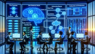 Modernes, blau beleuchtetes Büro mit Fachleuten vor Dashboards; transparente Datenströme und Knoten zeigen eine KI‑Marketing‑Architektur mit APIs, Vektor‑Datenbanken, Orchestratoren sowie Consent‑, GDPR/DSGVO‑ und Guardrails‑Nodes; Server, eindeutige Experiment‑IDs, strukturierte JSON‑Ausgaben und Monitoring‑Alerts verdeutlichen Sicherheit, Compliance und nahtlose Integration.