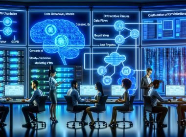 Modernes, blau beleuchtetes Büro mit Fachleuten vor Dashboards; transparente Datenströme und Knoten zeigen eine KI‑Marketing‑Architektur mit APIs, Vektor‑Datenbanken, Orchestratoren sowie Consent‑, GDPR/DSGVO‑ und Guardrails‑Nodes; Server, eindeutige Experiment‑IDs, strukturierte JSON‑Ausgaben und Monitoring‑Alerts verdeutlichen Sicherheit, Compliance und nahtlose Integration.