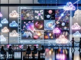 Futuristischer, dynamischer Workspace mit leuchtenden holografischen Interfaces; mehrere Displays zeigen hochdetaillierte KI-Bilder (Produkt, Fashion, Illustration) mit eingeblendeten Parametern wie Prompt, Seed, CFG-Scale und Negative Prompts sowie einer JSON-Workflow-Grafik; im Hintergrund große Logos von SDXL, Midjourney, DALL·E 3 und ComfyUI, dazu latente Diffusionswolken, Formeln und Hinweise auf Automatisierung, QA und Legal-Compliance.