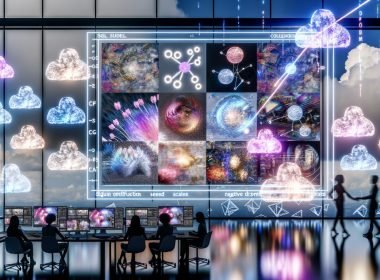 Futuristischer, dynamischer Workspace mit leuchtenden holografischen Interfaces; mehrere Displays zeigen hochdetaillierte KI-Bilder (Produkt, Fashion, Illustration) mit eingeblendeten Parametern wie Prompt, Seed, CFG-Scale und Negative Prompts sowie einer JSON-Workflow-Grafik; im Hintergrund große Logos von SDXL, Midjourney, DALL·E 3 und ComfyUI, dazu latente Diffusionswolken, Formeln und Hinweise auf Automatisierung, QA und Legal-Compliance.