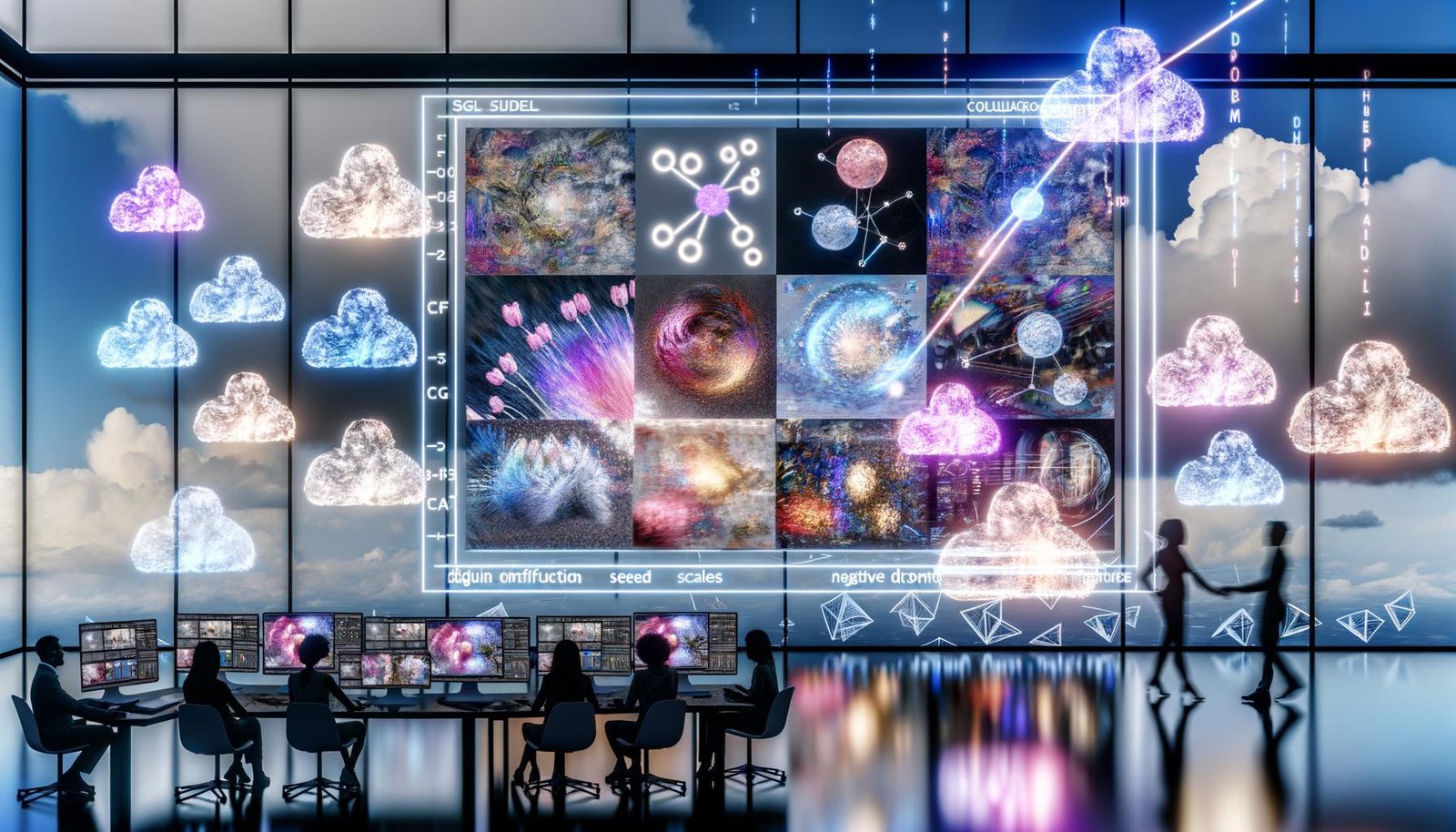 Futuristischer, dynamischer Workspace mit leuchtenden holografischen Interfaces; mehrere Displays zeigen hochdetaillierte KI-Bilder (Produkt, Fashion, Illustration) mit eingeblendeten Parametern wie Prompt, Seed, CFG-Scale und Negative Prompts sowie einer JSON-Workflow-Grafik; im Hintergrund große Logos von SDXL, Midjourney, DALL·E 3 und ComfyUI, dazu latente Diffusionswolken, Formeln und Hinweise auf Automatisierung, QA und Legal-Compliance.