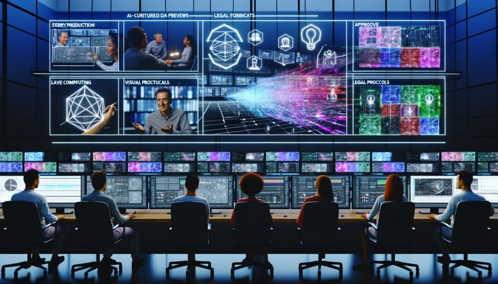 Futuristisches KI‑Editing‑Studio mit transparenten Screens, KI‑Thumbnails und Analytics; LED‑Walls, GPU‑Rigs und Broadcast‑Compliance.