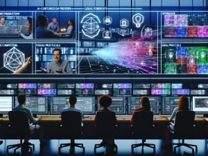 Futuristisches KI‑Editing‑Studio mit transparenten Screens, KI‑Thumbnails und Analytics; LED‑Walls, GPU‑Rigs und Broadcast‑Compliance.
