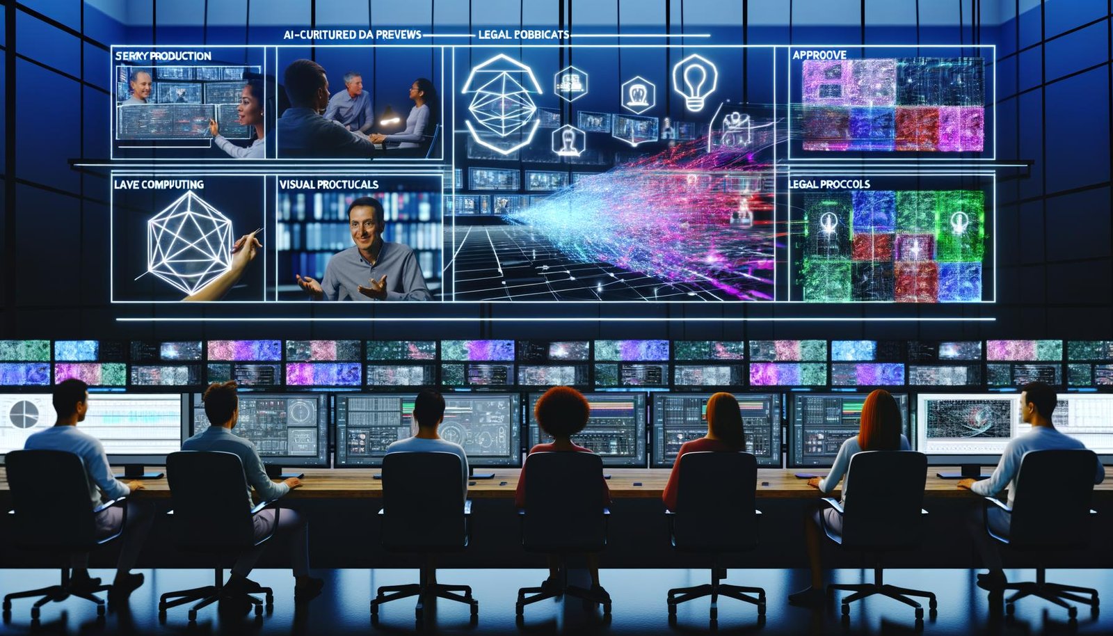 Futuristisches KI‑Editing‑Studio mit transparenten Screens, KI‑Thumbnails und Analytics; LED‑Walls, GPU‑Rigs und Broadcast‑Compliance.