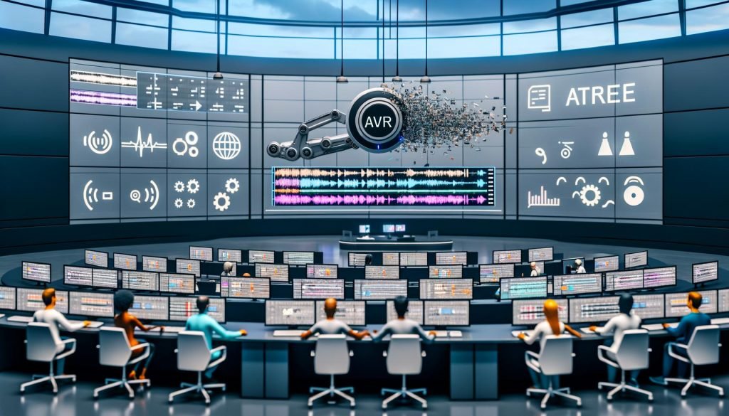 Hightech-Video-Editing-Studio mit mehrsprachiger Pipeline: Monitore mit Waveforms, Transkription, Übersetzung und SDH-Untertiteln (DE/EN/ES/FR), Roboterarm für Lip‑Sync, Team annotiert; Dashboard mit WER/BLEU/COMET; Symbole für ASR, NMT, TTS, Diarisierung, Voice Cloning, DSGVO und SEO.