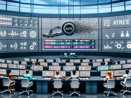 Hightech-Video-Editing-Studio mit mehrsprachiger Pipeline: Monitore mit Waveforms, Transkription, Übersetzung und SDH-Untertiteln (DE/EN/ES/FR), Roboterarm für Lip‑Sync, Team annotiert; Dashboard mit WER/BLEU/COMET; Symbole für ASR, NMT, TTS, Diarisierung, Voice Cloning, DSGVO und SEO.