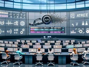 Hightech-Video-Editing-Studio mit mehrsprachiger Pipeline: Monitore mit Waveforms, Transkription, Übersetzung und SDH-Untertiteln (DE/EN/ES/FR), Roboterarm für Lip‑Sync, Team annotiert; Dashboard mit WER/BLEU/COMET; Symbole für ASR, NMT, TTS, Diarisierung, Voice Cloning, DSGVO und SEO.