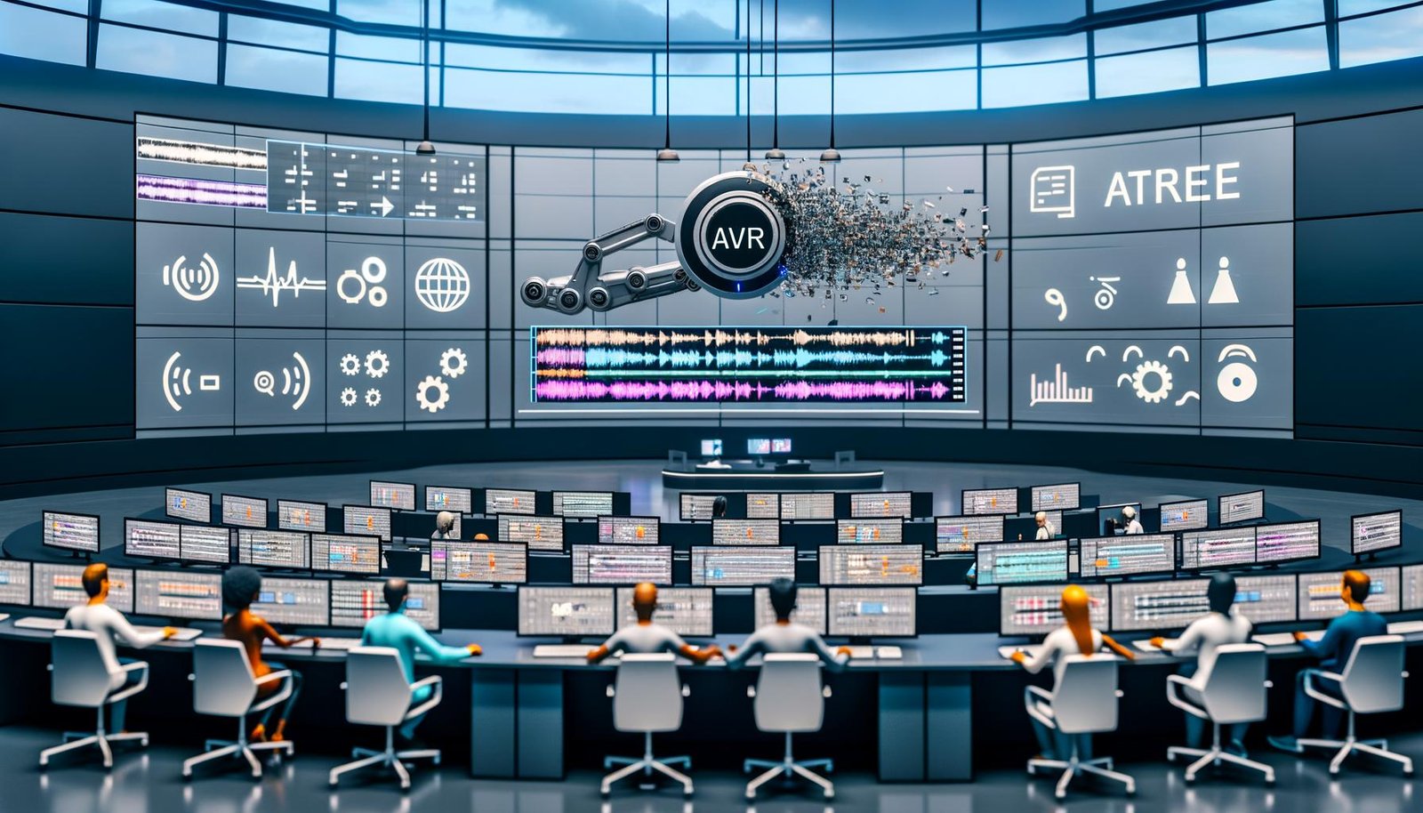 Hightech-Video-Editing-Studio mit mehrsprachiger Pipeline: Monitore mit Waveforms, Transkription, Übersetzung und SDH-Untertiteln (DE/EN/ES/FR), Roboterarm für Lip‑Sync, Team annotiert; Dashboard mit WER/BLEU/COMET; Symbole für ASR, NMT, TTS, Diarisierung, Voice Cloning, DSGVO und SEO.