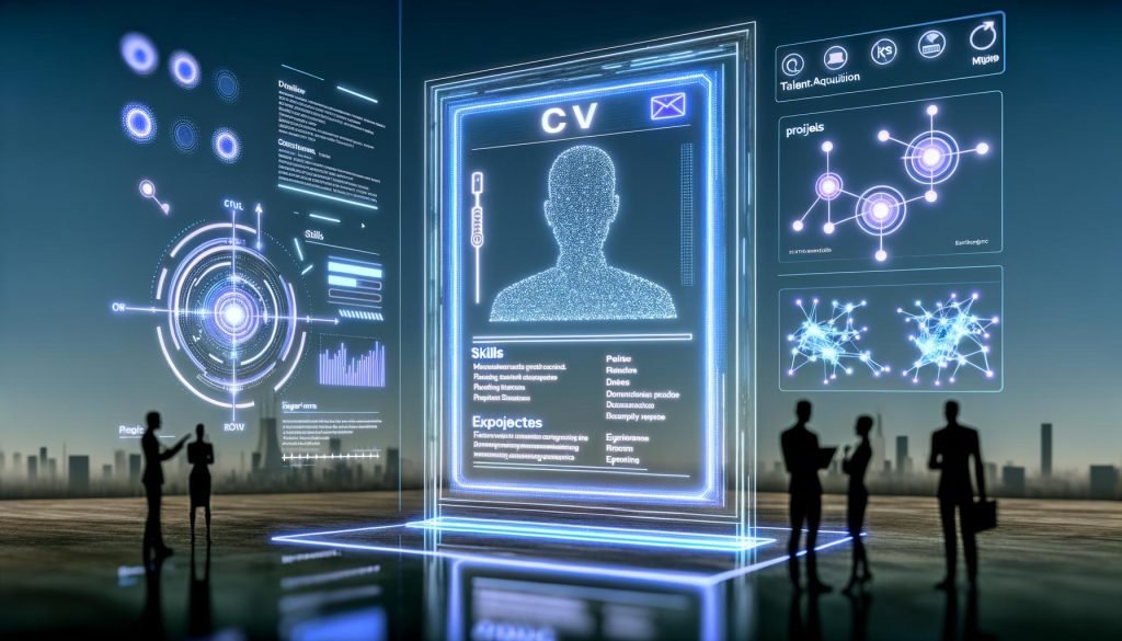 Digitaler Lebenslauf auf großem, schwebendem Transparent-Screen mit maschinenlesbaren Punkten, Embeddings und neuronalen Netzdiagrammen; im Hintergrund ATS-Ranking mit Scores, Heatmaps und Recruiter-Silhouetten.