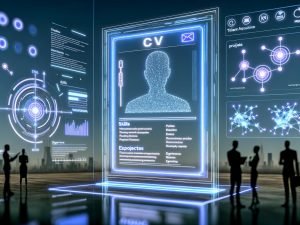 Digitaler Lebenslauf auf großem, schwebendem Transparent-Screen mit maschinenlesbaren Punkten, Embeddings und neuronalen Netzdiagrammen; im Hintergrund ATS-Ranking mit Scores, Heatmaps und Recruiter-Silhouetten.