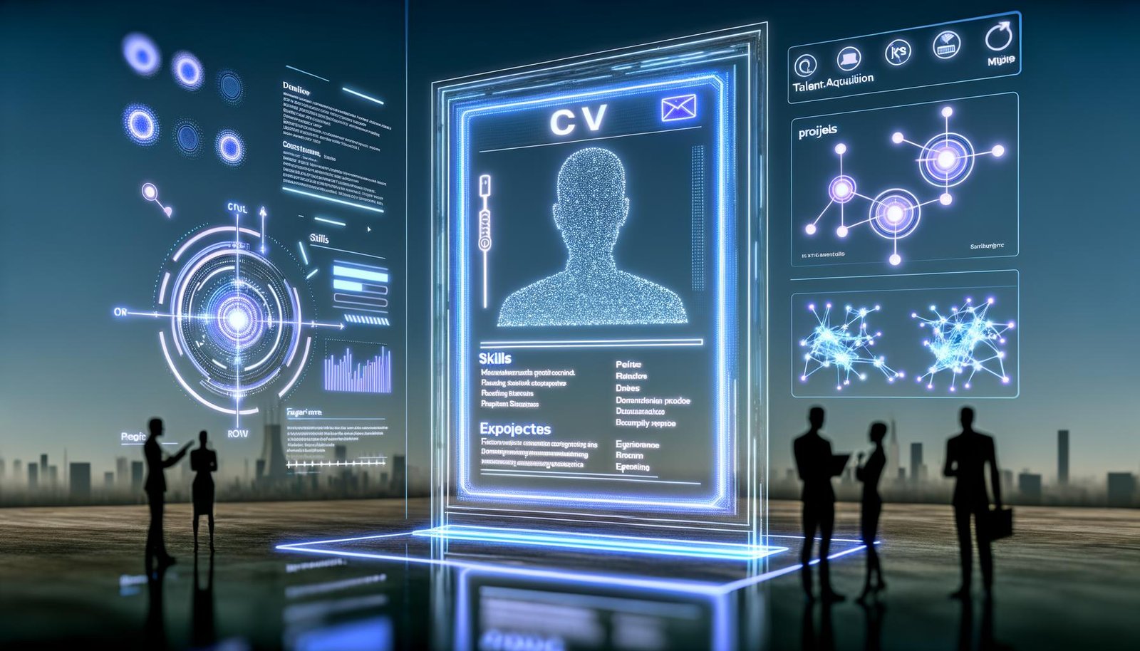 Digitaler Lebenslauf auf großem, schwebendem Transparent-Screen mit maschinenlesbaren Punkten, Embeddings und neuronalen Netzdiagrammen; im Hintergrund ATS-Ranking mit Scores, Heatmaps und Recruiter-Silhouetten.