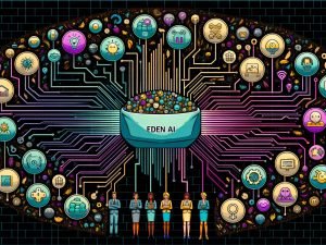 Illustration eines zentralen Eden-AI-API-Dashboards mit geordneten Verbindungen zu zahlreichen KI-Providern (Text, Vision, Speech, OCR, Übersetzung, Moderation, Embeddings); Diagramme zu Kosten, Anbieter-Uptime und Antwortzeiten sowie Sicherheits-/Compliance-Abzeichen; zuvor chaotische Kabel werden gebündelt; Entwickler, CFO und CTO interagieren damit.