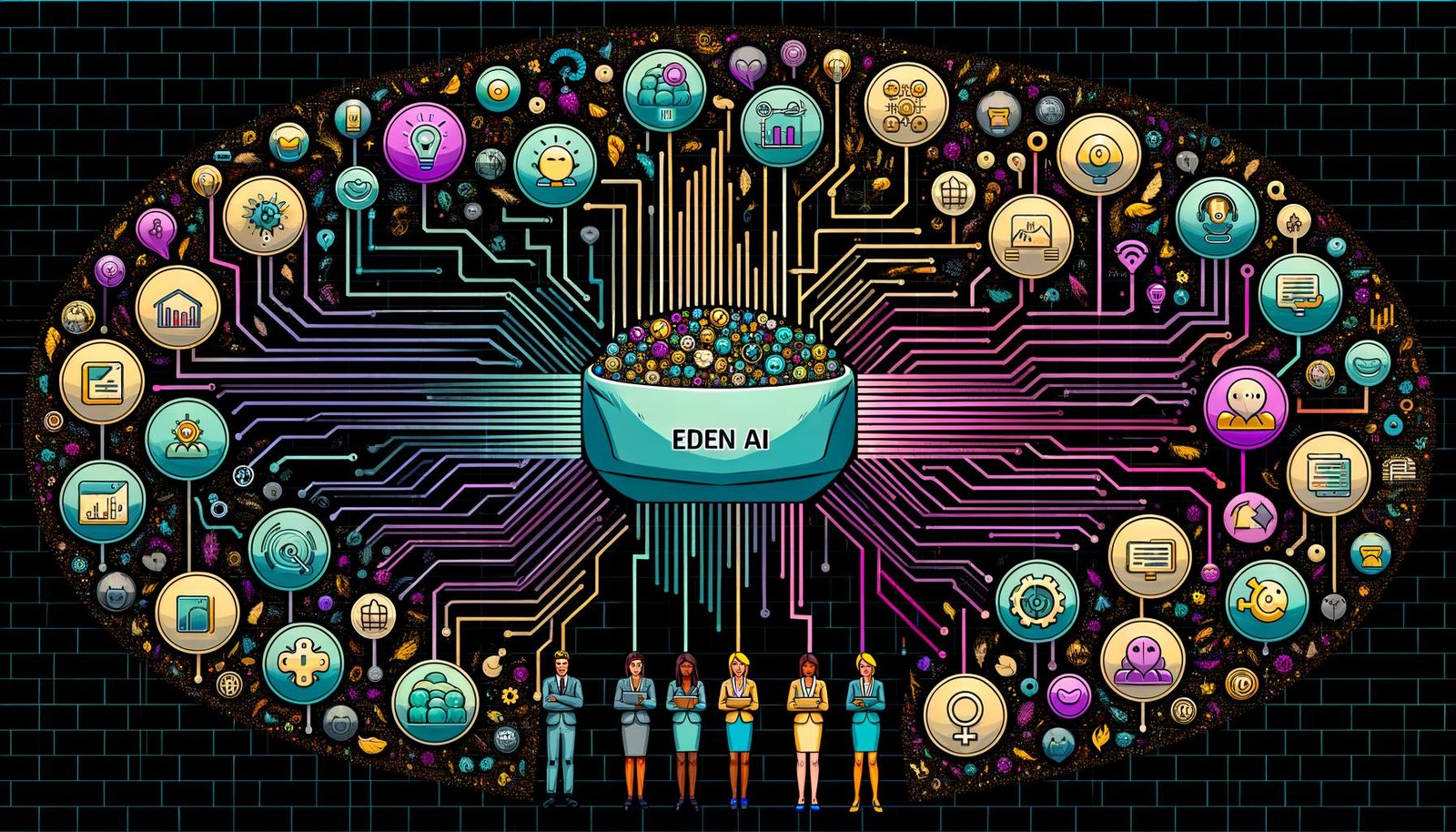 Illustration eines zentralen Eden-AI-API-Dashboards mit geordneten Verbindungen zu zahlreichen KI-Providern (Text, Vision, Speech, OCR, Übersetzung, Moderation, Embeddings); Diagramme zu Kosten, Anbieter-Uptime und Antwortzeiten sowie Sicherheits-/Compliance-Abzeichen; zuvor chaotische Kabel werden gebündelt; Entwickler, CFO und CTO interagieren damit.