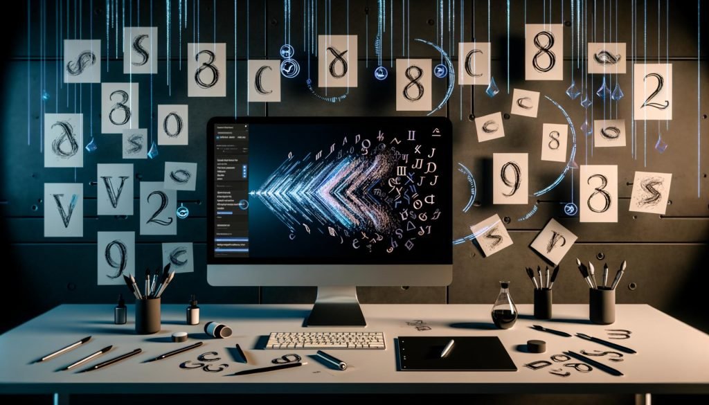 Modernes Studio mit großem Monitor, auf dem sich kalligrafische Pinselstriche in Bézier‑Vektorpfade verwandeln; daneben Drucke, Grafiktablet mit Stylus, Füller, Brushpens und Tinten; schwebende UI‑Panels mit KI‑Parametern (Prompt, Seed, Sampler, Guidance Scale) und OpenType‑Symbolen; Datenströme und Code im Hintergrund, Moodboard mit klassischen und KI‑generierten Schriftproben.