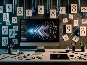 Modernes Studio mit großem Monitor, auf dem sich kalligrafische Pinselstriche in Bézier‑Vektorpfade verwandeln; daneben Drucke, Grafiktablet mit Stylus, Füller, Brushpens und Tinten; schwebende UI‑Panels mit KI‑Parametern (Prompt, Seed, Sampler, Guidance Scale) und OpenType‑Symbolen; Datenströme und Code im Hintergrund, Moodboard mit klassischen und KI‑generierten Schriftproben.