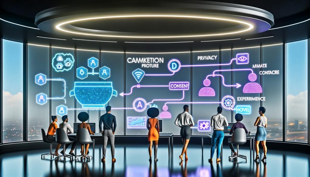 Futuristisches Digital‑Marketing‑Kontrollzentrum mit transparenten, holografischen Dashboards, KI‑Modellgraphen und einem diversen Team, das kanalübergreifende Kampagnen in Echtzeit optimiert; Privacy‑by‑Design‑Symbole und Einwilligungen neben ML‑Pipelines; im Hintergrund vernetzte Cloud‑Server, Feature Store und Data Warehouse.