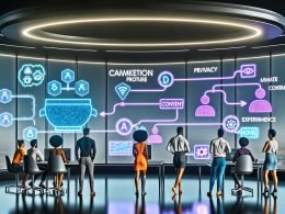 Futuristisches Digital‑Marketing‑Kontrollzentrum mit transparenten, holografischen Dashboards, KI‑Modellgraphen und einem diversen Team, das kanalübergreifende Kampagnen in Echtzeit optimiert; Privacy‑by‑Design‑Symbole und Einwilligungen neben ML‑Pipelines; im Hintergrund vernetzte Cloud‑Server, Feature Store und Data Warehouse.