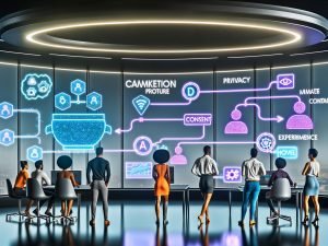 Futuristisches Digital‑Marketing‑Kontrollzentrum mit transparenten, holografischen Dashboards, KI‑Modellgraphen und einem diversen Team, das kanalübergreifende Kampagnen in Echtzeit optimiert; Privacy‑by‑Design‑Symbole und Einwilligungen neben ML‑Pipelines; im Hintergrund vernetzte Cloud‑Server, Feature Store und Data Warehouse.