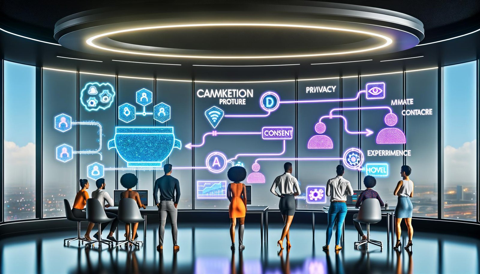 Futuristisches Digital‑Marketing‑Kontrollzentrum mit transparenten, holografischen Dashboards, KI‑Modellgraphen und einem diversen Team, das kanalübergreifende Kampagnen in Echtzeit optimiert; Privacy‑by‑Design‑Symbole und Einwilligungen neben ML‑Pipelines; im Hintergrund vernetzte Cloud‑Server, Feature Store und Data Warehouse.