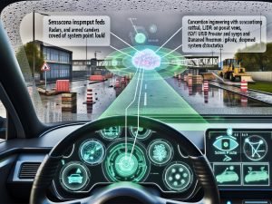 Autonomes Fahrzeug-Cockpit mit Multi-Displays (Kamera, Radar, LiDAR), transparentem KI-„Gehirn“, Regen und Baustelle; Spurhaltung per leuchtender Trajektorie, HUD: ISO 26262/UNECE/SOTIF.
