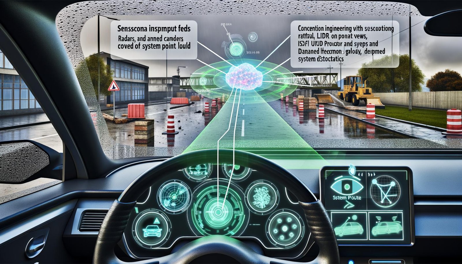 Autonomes Fahrzeug-Cockpit mit Multi-Displays (Kamera, Radar, LiDAR), transparentem KI-„Gehirn“, Regen und Baustelle; Spurhaltung per leuchtender Trajektorie, HUD: ISO 26262/UNECE/SOTIF.