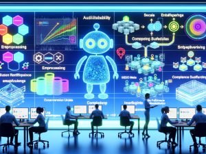 Modernes, offenes KI‑Arbeitsumfeld: Marketing‑ und Engineering‑Teams arbeiten an großen Screens mit farbigen Daten‑Dashboards, neuronalen Netz‑Diagrammen und Datenpipelines. Das Hugging‑Face‑Maskottchen steht im Mittelpunkt, umgeben von Icons zu Llama 3, Mistral und T5/Flan sowie Symbolen für Datasets, Transformers und Inferenz‑Endpoints. Eine transparente Tafel zeigt die Architektur von Rohdaten über Preprocessing und Embeddings bis zu RAG‑Retrieval, Content‑Generierung, Compliance‑Guardrails und Live‑KPI‑Monitoring; inklusive SEO‑Topic‑Maps, Schema‑Markup und CRM‑Integrationen.