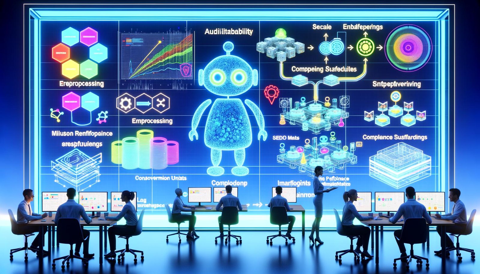 Modernes, offenes KI‑Arbeitsumfeld: Marketing‑ und Engineering‑Teams arbeiten an großen Screens mit farbigen Daten‑Dashboards, neuronalen Netz‑Diagrammen und Datenpipelines. Das Hugging‑Face‑Maskottchen steht im Mittelpunkt, umgeben von Icons zu Llama 3, Mistral und T5/Flan sowie Symbolen für Datasets, Transformers und Inferenz‑Endpoints. Eine transparente Tafel zeigt die Architektur von Rohdaten über Preprocessing und Embeddings bis zu RAG‑Retrieval, Content‑Generierung, Compliance‑Guardrails und Live‑KPI‑Monitoring; inklusive SEO‑Topic‑Maps, Schema‑Markup und CRM‑Integrationen.