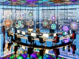 Futuristisches KI-Kreativstudio: diverse Designer, Marketer und Ingenieure arbeiten an leuchtenden Monitoren; holografische Neuralnetz- und Diffusionsdiagramme, ControlNet-Visualisierungen und Workflow-Charts zu Text-zu-Bild, Versionierung, API, Metadaten und QA; Overlays zu Datenschutz, Urheberrecht und Content-Credentials; nebeneinander angeordnete Assets für visuelle Konsistenz, Kampagnenmaterial und pixelgenaue Produkt-Mock-ups.