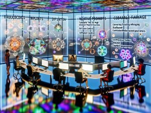 Futuristisches KI-Kreativstudio: diverse Designer, Marketer und Ingenieure arbeiten an leuchtenden Monitoren; holografische Neuralnetz- und Diffusionsdiagramme, ControlNet-Visualisierungen und Workflow-Charts zu Text-zu-Bild, Versionierung, API, Metadaten und QA; Overlays zu Datenschutz, Urheberrecht und Content-Credentials; nebeneinander angeordnete Assets für visuelle Konsistenz, Kampagnenmaterial und pixelgenaue Produkt-Mock-ups.