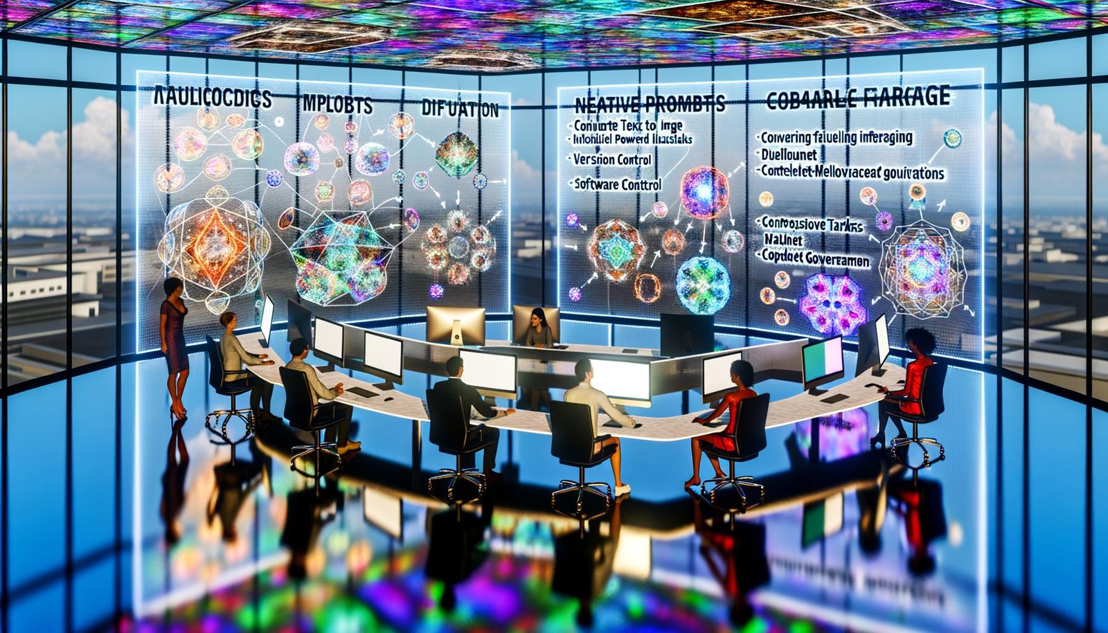 Futuristisches KI-Kreativstudio: diverse Designer, Marketer und Ingenieure arbeiten an leuchtenden Monitoren; holografische Neuralnetz- und Diffusionsdiagramme, ControlNet-Visualisierungen und Workflow-Charts zu Text-zu-Bild, Versionierung, API, Metadaten und QA; Overlays zu Datenschutz, Urheberrecht und Content-Credentials; nebeneinander angeordnete Assets für visuelle Konsistenz, Kampagnenmaterial und pixelgenaue Produkt-Mock-ups.