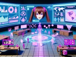 Holografische Kizuna AI in einem futuristischen digitalen Workspace mit Dashboards, VTuber-Analytics, Motion-Capture-Anzügen, 3D-Face-Rigging und globalen Streaming-Karten in blau-pinker Beleuchtung.