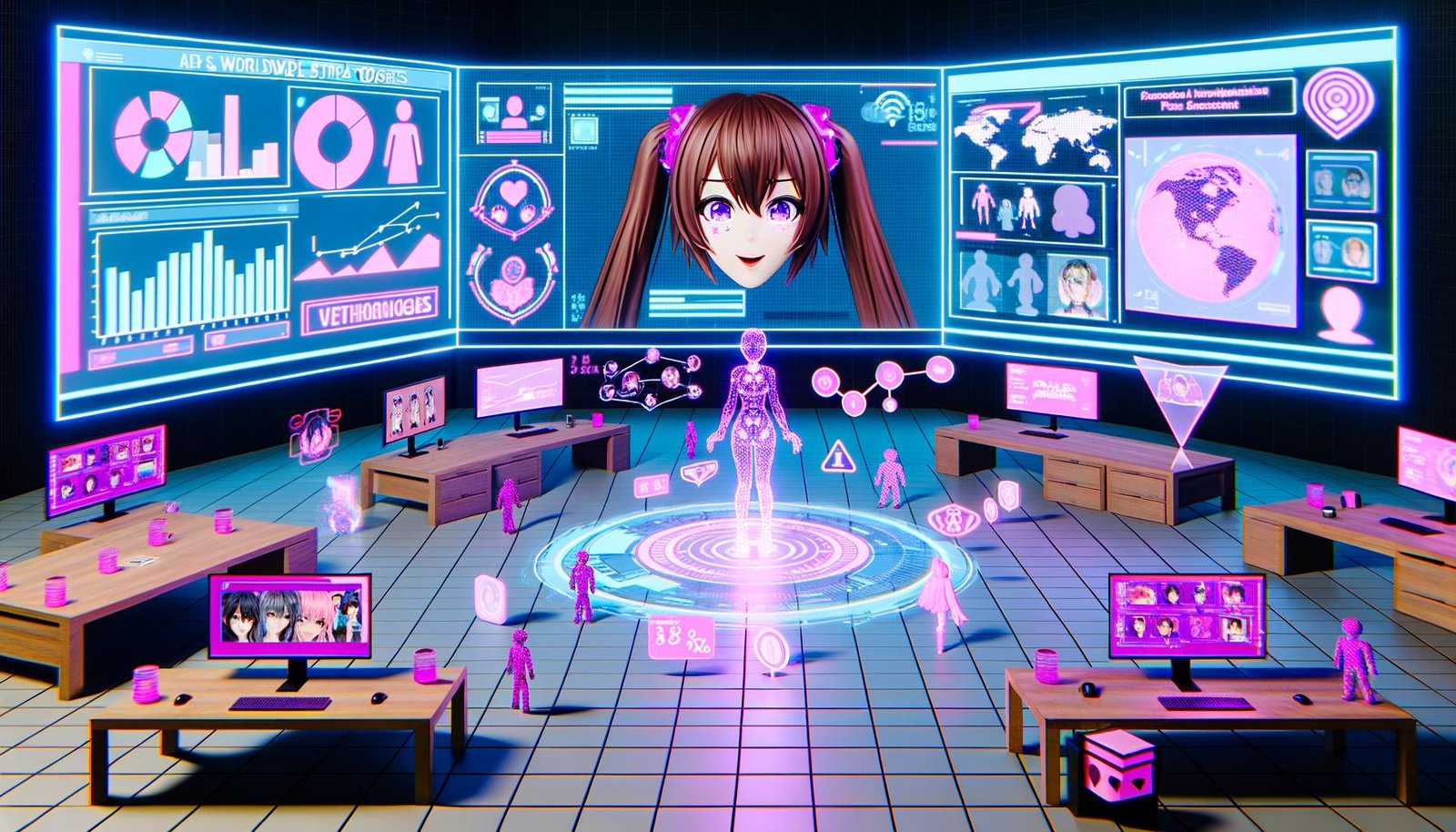 Holografische Kizuna AI in einem futuristischen digitalen Workspace mit Dashboards, VTuber-Analytics, Motion-Capture-Anzügen, 3D-Face-Rigging und globalen Streaming-Karten in blau-pinker Beleuchtung.