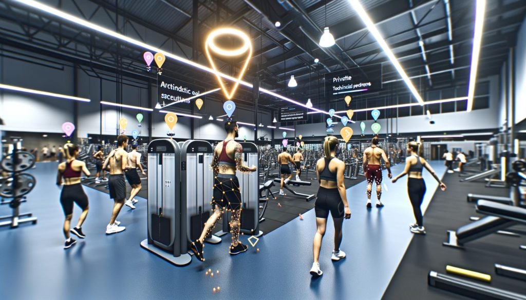Athleten im modernen Studio mit Wearables, AR-Hinweisen und Computer Vision; lokale Trainer liefern präzises Feedback.