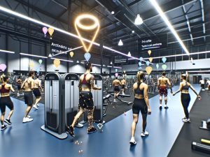 Athleten im modernen Studio mit Wearables, AR-Hinweisen und Computer Vision; lokale Trainer liefern präzises Feedback.