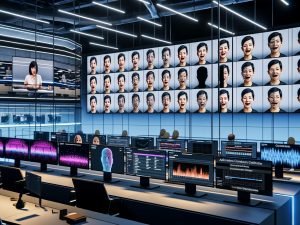 Eleganter, moderner Arbeitsplatz mit großen Monitoren, auf denen ein Team von Videocreators an KI‑Lippensynchronisation arbeitet: Wellenform‑Audio, Phonem‑zu‑Visem‑Diagramme und Zeitachsen für realistische Mundanimationen; im Hintergrund wechselt das Gesicht eines Sprechers nahtlos zwischen Sprachen mit perfekter Lippensynchronität, kleinere Screens zeigen 3D‑Gesichts‑Rigs, neuronale Netzdiagramme und LSE‑D‑Metriken; Overlays für digitale Wasserzeichen, Einwilligungs‑Checklisten und Compliance‑Siegel.