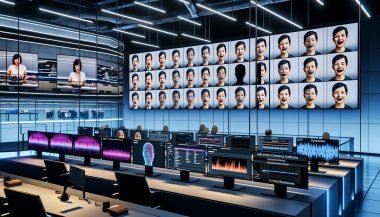 Eleganter, moderner Arbeitsplatz mit großen Monitoren, auf denen ein Team von Videocreators an KI‑Lippensynchronisation arbeitet: Wellenform‑Audio, Phonem‑zu‑Visem‑Diagramme und Zeitachsen für realistische Mundanimationen; im Hintergrund wechselt das Gesicht eines Sprechers nahtlos zwischen Sprachen mit perfekter Lippensynchronität, kleinere Screens zeigen 3D‑Gesichts‑Rigs, neuronale Netzdiagramme und LSE‑D‑Metriken; Overlays für digitale Wasserzeichen, Einwilligungs‑Checklisten und Compliance‑Siegel.
