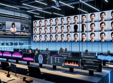 Eleganter, moderner Arbeitsplatz mit großen Monitoren, auf denen ein Team von Videocreators an KI‑Lippensynchronisation arbeitet: Wellenform‑Audio, Phonem‑zu‑Visem‑Diagramme und Zeitachsen für realistische Mundanimationen; im Hintergrund wechselt das Gesicht eines Sprechers nahtlos zwischen Sprachen mit perfekter Lippensynchronität, kleinere Screens zeigen 3D‑Gesichts‑Rigs, neuronale Netzdiagramme und LSE‑D‑Metriken; Overlays für digitale Wasserzeichen, Einwilligungs‑Checklisten und Compliance‑Siegel.
