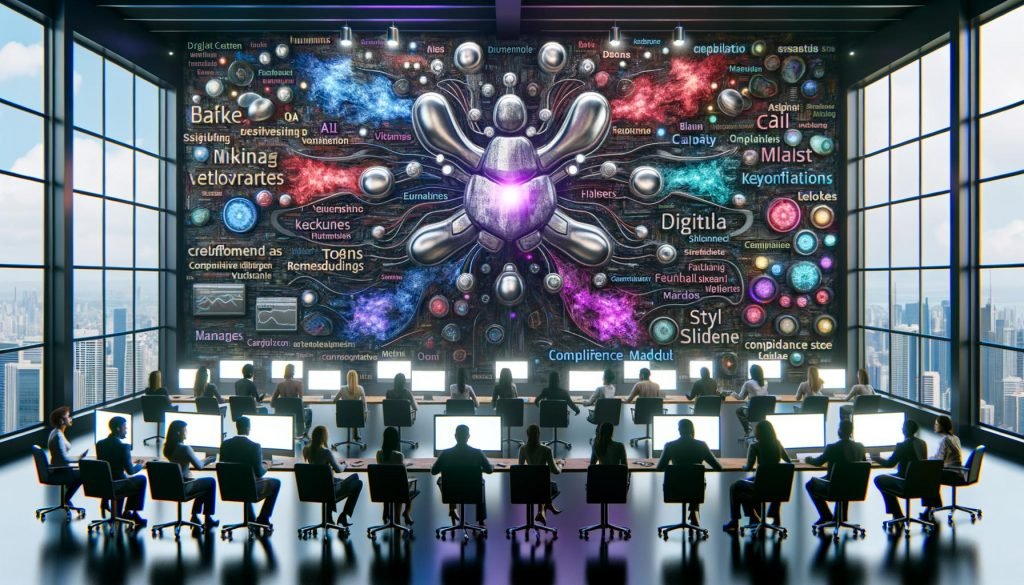 Futuristischer Redaktionsarbeitsplatz mit vielfältigem Team vor transparenten Displays; ein visualisiertes Transformer‑Modell sendet farbige Datenströme (Tokens, Embeddings, semantische Links), während QA/Compliance‑Dashboards, SEO‑Charts und Markenstimme‑Kontrollen den KI‑gestützten Workflow zeigen.