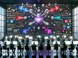 Futuristischer Redaktionsarbeitsplatz mit vielfältigem Team vor transparenten Displays; ein visualisiertes Transformer‑Modell sendet farbige Datenströme (Tokens, Embeddings, semantische Links), während QA/Compliance‑Dashboards, SEO‑Charts und Markenstimme‑Kontrollen den KI‑gestützten Workflow zeigen.