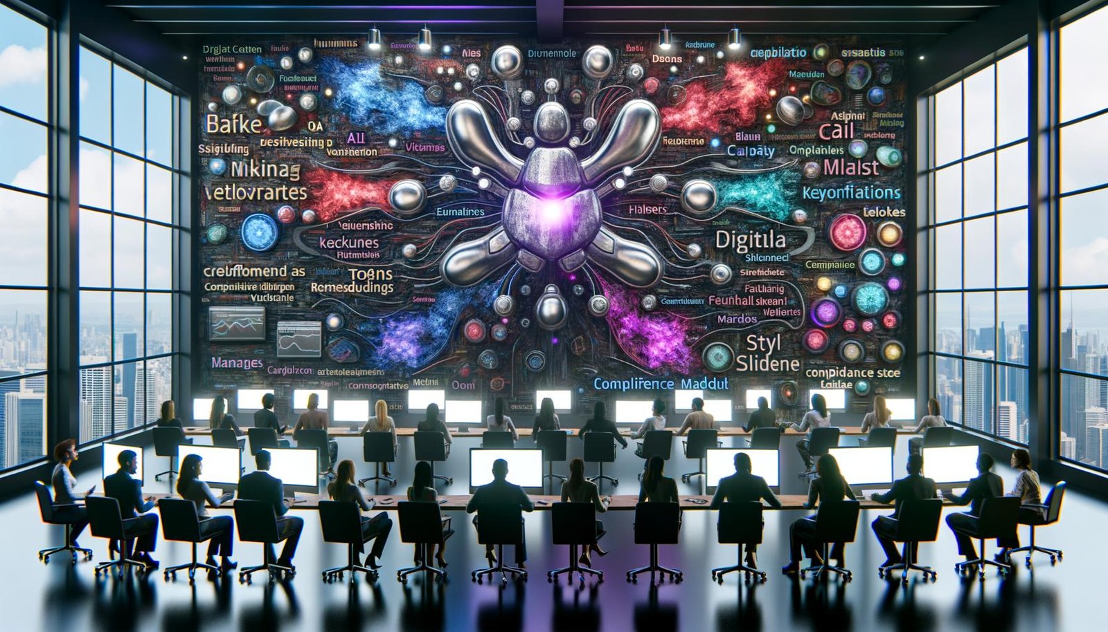 Futuristischer Redaktionsarbeitsplatz mit vielfältigem Team vor transparenten Displays; ein visualisiertes Transformer‑Modell sendet farbige Datenströme (Tokens, Embeddings, semantische Links), während QA/Compliance‑Dashboards, SEO‑Charts und Markenstimme‑Kontrollen den KI‑gestützten Workflow zeigen.