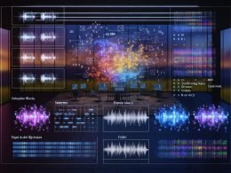 Hightech-Musikstudio bei Dämmerung: Display verwandelt Sprache in Noten und Waveforms; KI-Graphen, DAW mit Stems/MIDI, Tags 120 BPM, ambient drone, no vocals, Hinweise zu Urheberrecht, Seed, FAD, MOS.